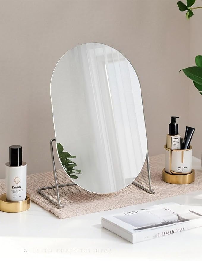 Vanity Desk Table Mirror Makeup Mirror for Desk, Adjustable Rotation Vintage Oval Tabletop Gold Make Up Mirrors for Women