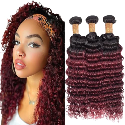 Color 1B99j Loose Deep Wave Bundles Burgundy Deep Wave Bundles Extensions Black Mixed With Burgundy Two Tone Brazilian Human Hair Extensions Soft and Silky for Black Women 16 18 20 Inch