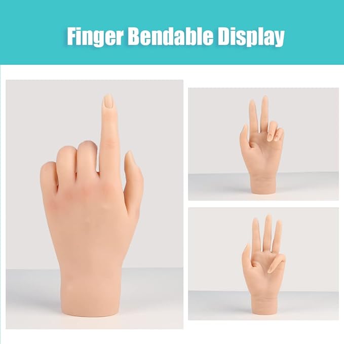 KnowU Silicone Practice Hand for Acrylic Nails, Left Hand, 1 Count, French Style, Solid Pattern, Full Well Tips, Glossy Finish, Almond Shape, 1 Set, 1 Piece