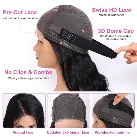 30 Inch Wear and Go Glueless Wig for Beginners Body Wave Lace Front Wigs Human Hair 180 Density 5x5 HD Lace Closure Wigs Human Hair Glueless Wigs Human Hair Pre Plucked Pre Cut Wigs for Black Women