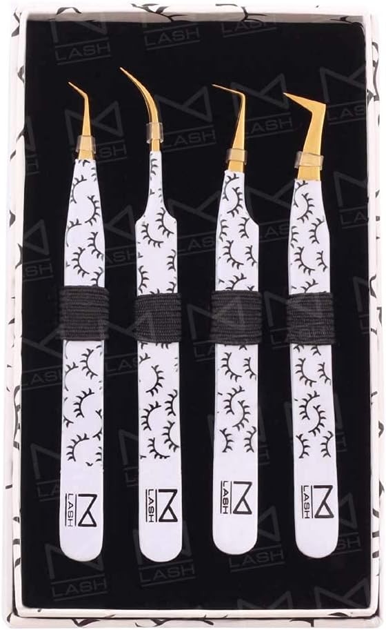 M LASH Tweezers for Eyelash Extensions (Set of 4) - Professional Lash Extension Tweezers - Fiber Tip, Japanese Steel, Diamond Grip Eyelash Extension Tweezer (WL)