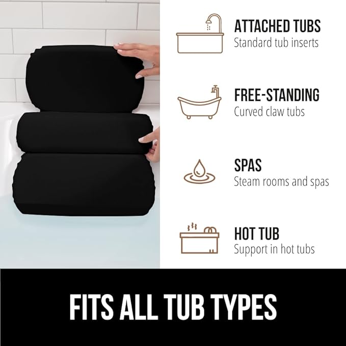 GORILLA GRIP Bath Pillow for Tub, Improved Suction Cups, Luxury Bathtub Pillows, Headrest for Neck and Back Support, Relaxing Home Spa, Hot Tubs and Bathroom Essentials, Gifts for Women, 3 Panel Black