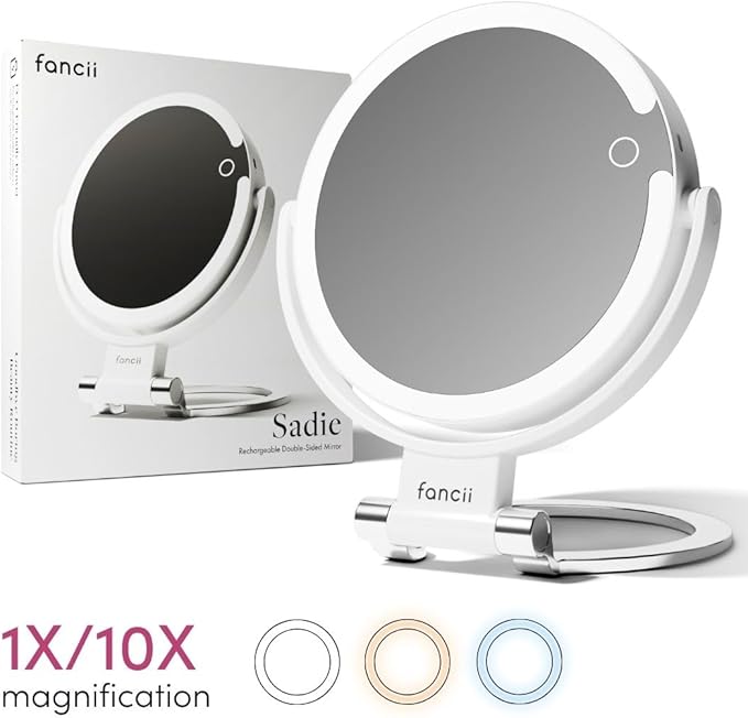 Fancii Travel Magnifying Mirror 10x /1x with Lights, Rechargeable | 9-Inch Extra Large LED Lighted Makeup Mirror, Folding Double Sided Portable Vanity Mirror, 3 Light Settings, Touch Sensor (Sadie)