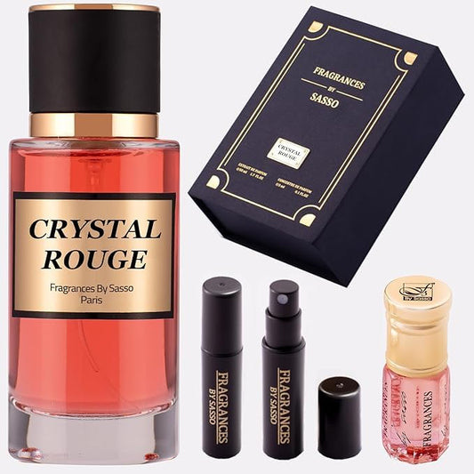 CRYSTAL ROUGE - Luxury Perfume Gift Set | Long-Lasting Niche Fragrance | Extrait de Parfum 50ml + Perfume Oil 3ml + Bonus 2 Samples | Unisex Scent Inspired by Iconic Perfumes