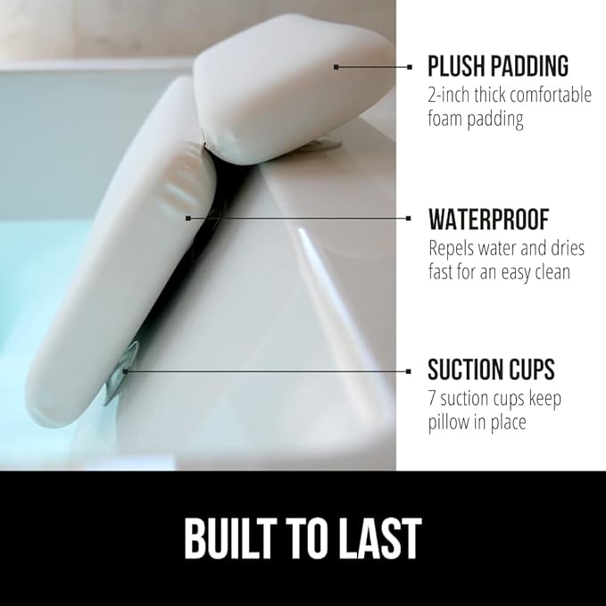 GORILLA GRIP Bath Pillow for Tub, Improved Suction Cup Bathtub Pillows, Headrest for Neck and Back Support, Relaxing Home Spa, Hot Tubs and Bathroom Essentials, Gifts for Mom, White
