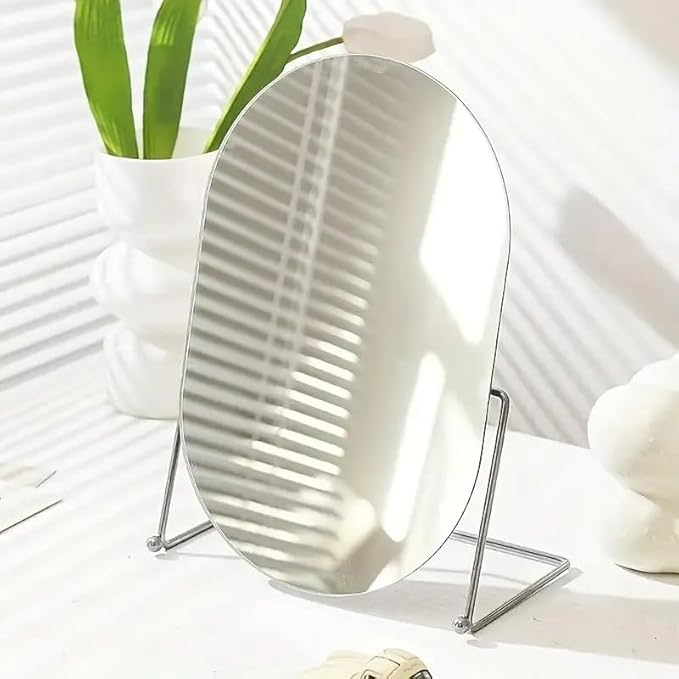 Vanity Desk Table Mirror Makeup Mirror for Desk, Adjustable Rotation Vintage Oval Tabletop Gold Make Up Mirrors for Women