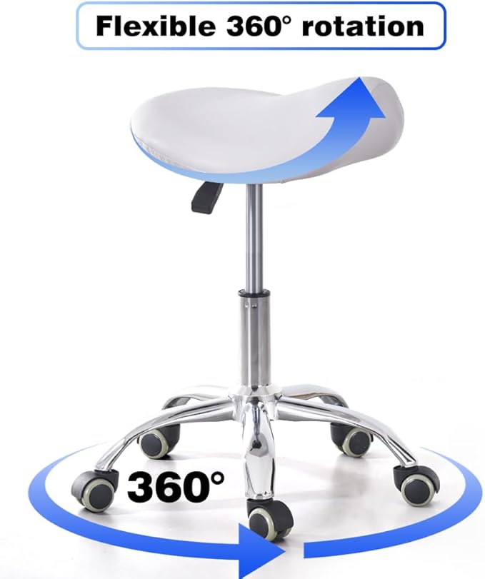 Ergonomic Saddle Rolling Stool for Salon Office Bar Tattoo Lash Tech Manicure Kitchen Hygienic Home Eyelash Artist Spa Metal Stool with Wheels Adjustable Seat Chair,White