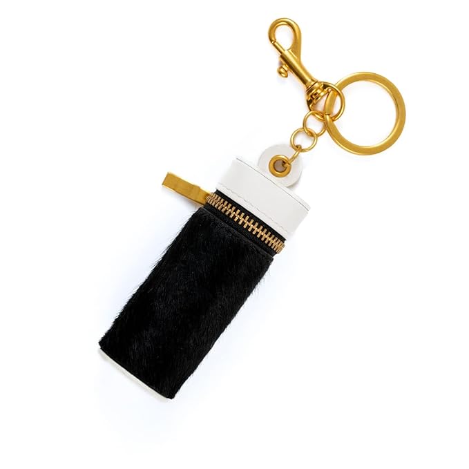 Cockatoo Nappa Leaeher Zipper Lipstick Case with Keyring Chapstick Holder Keychain (Horsehair/White)