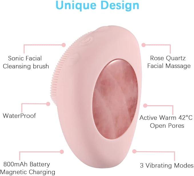Sonic Facial Cleansing Brush- Deep Cleaning and Heated Rose Quartz, Silicone Face Brush - Vibrating Rose, Magnetic Charging and IPX7 Waterproof, Face Roller- Relieve Fine Lines and Wrinkles