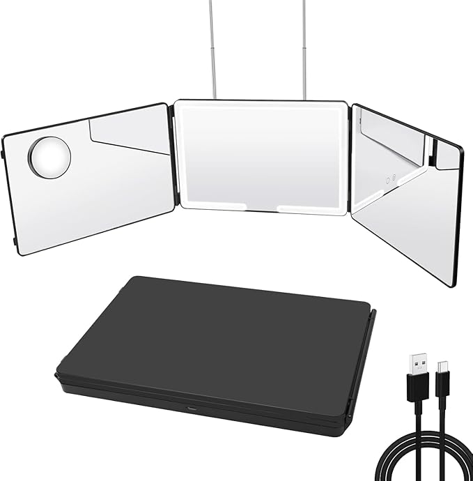 JANMPASK LED 3 Way Mirror for Hair Cutting, Adjustable 360 Trifold Barber Mirror Self Hair Cutting with 3 Color Temps LED Light & Telescoping Hooks for Makeup, Shaving & Styling