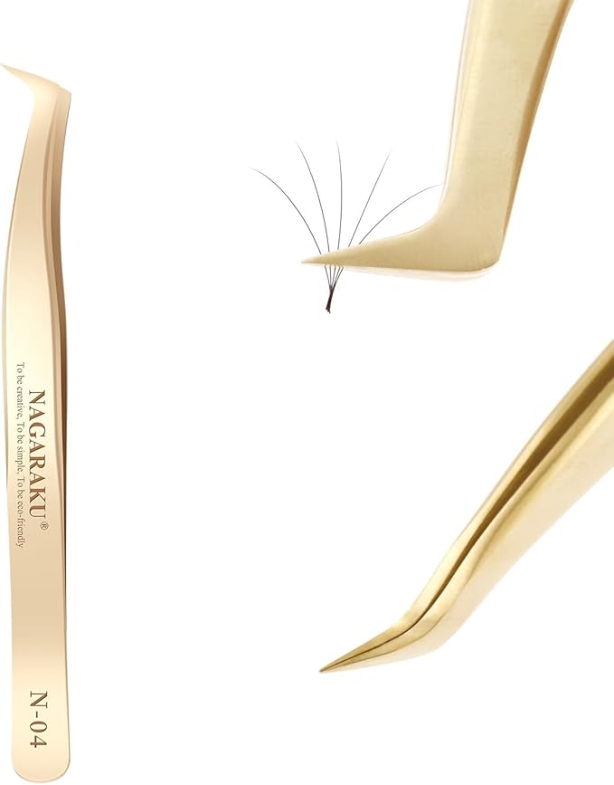 NAGARAKU Tweezers for Eyelash Extensions Gold Curved Angled Volume Cluster Eyelashes easy Fanning Premade Fans Tweezers Stainless Steel Precision Light （N-04）