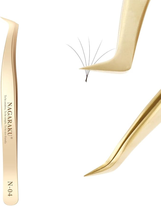 NAGARAKU Tweezers for Eyelash Extensions Gold Curved Angled Volume Cluster Eyelashes easy Fanning Premade Fans Tweezers Stainless Steel Precision Light （N-04）