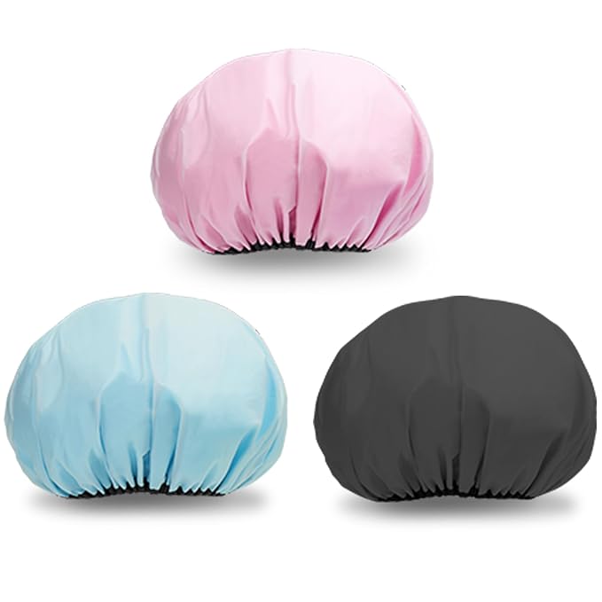 3 Pcs 16.5" Super Extra Large Shower Cap, Reusable Dual Waterproof Shower Cap for Women, Jumbo Satin Lined Shower Cap for Braids & Long Hair, XXL Adjustable Hair Cap for Locs Dreadlocks Music