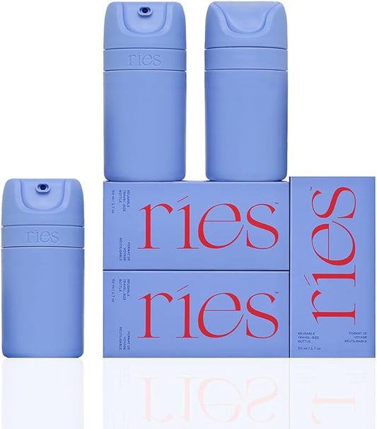 Starter Set Toiletry Travel Bottles – Set of 3 (1.7oz) Airless Pump Containers for Shampoo, Conditioner, Body, Face – Leak-Proof, TSA-Approved, Dishwasher Safe- (Runaway Blue)