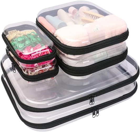 3PCS Clear Zipper Cases, Portable Clear Organizer Pouches for Travel, Double Zippered Hard Shell Plastic Case, Cosmetic Bag for Make Up Tools, Toiletries, Toy Storage (Black, 2 Pack)