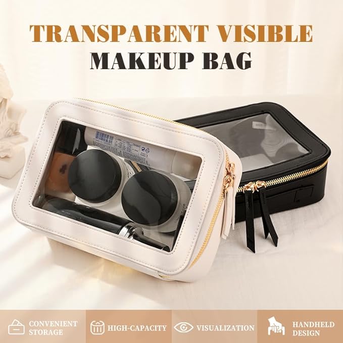 Clear Makeup Bags TSA Approved Toiletry Bag with Handle Large Opening,Clear Toiletry Bags for Carry-on Traveling Travel Car Accessories Essentials Organziation Storage for Women Girls(Black, Middle)