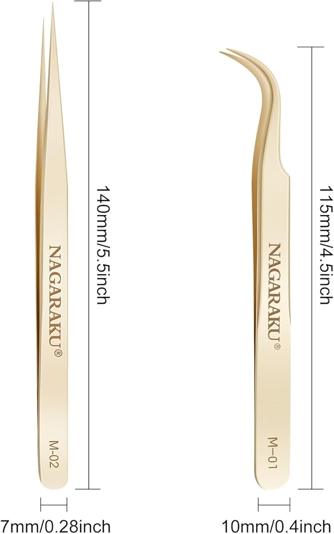 NAGARAKU Tweezers for Eyelash Extensions Straight and Curved Precision Professional Volume Easy Fanning lash Precise Point 1 Pair Tweezers for Lash(M-01 and M-02)