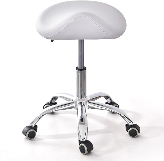 Ergonomic Saddle Rolling Stool for Salon Office Bar Tattoo Lash Tech Manicure Kitchen Hygienic Home Eyelash Artist Spa Metal Stool with Wheels Adjustable Seat Chair,White