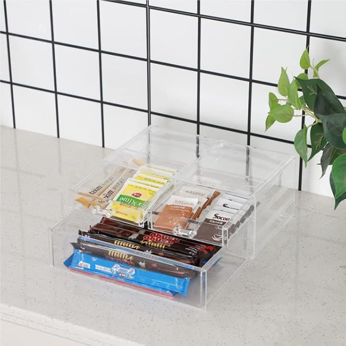 Cq acrylic 2 Pack Clear Acrylic Drawer Organizer Countertop,Stackable 5 Drawers Makeup Storage,Cute Cube Make Up Organizer for Dresser Hair Clip,Beauty Product Desk and Bathroom Organizers and Storage