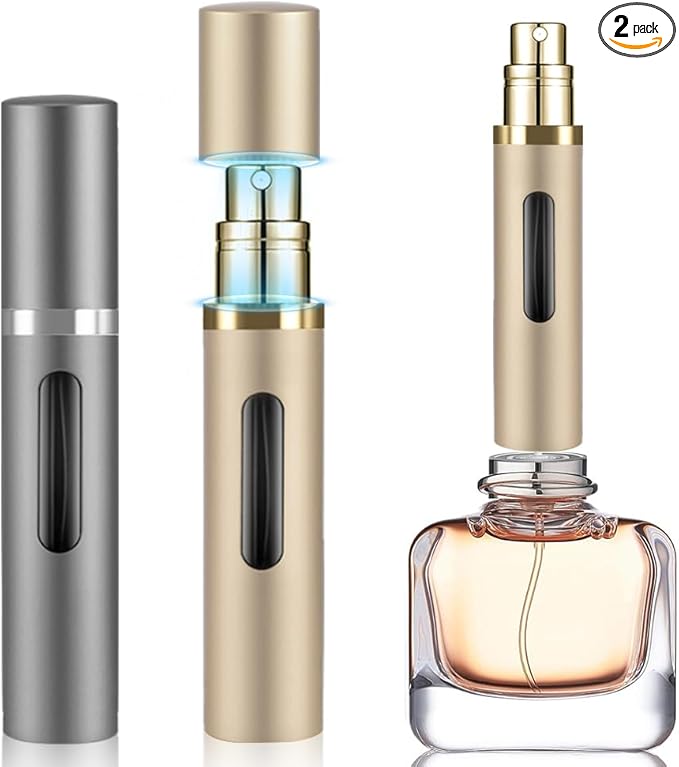 8ml Perfume Atomizer Travel Refillable,Mini Cologne Dispenser, Bottom-Filling Fragrances Perfumes Bottle,Portable Sprayer Pocket Size for Women Men Cruise Car Trip Gift 2pcs (Gold-Grey)