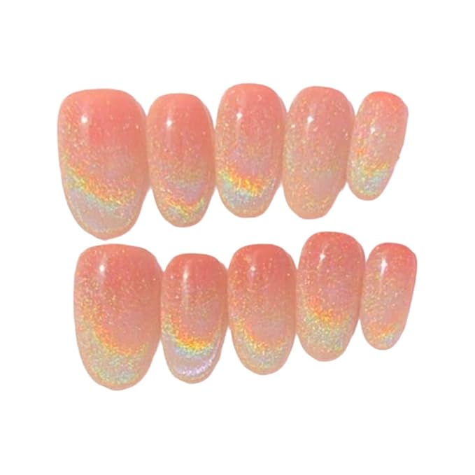 Press on Nails Handmade Nails 3D Press on Nails Short Medium Oval Almond Nails Fake Nails Glitter Cat Eye Nails Gel Nails Durable Reusable False Nails 10 Pcs (Dream Glow, M)