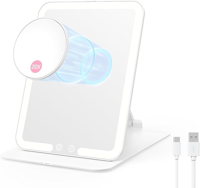 Benbilry Foldable Travel Makeup Mirror with Lights and 20X Magnification, Rechargeable Tabletop LED Vanity Mirror with Adjustable Stand, 3-Colored Dimmable Lighting, Portable Cosmetic Mirror, White