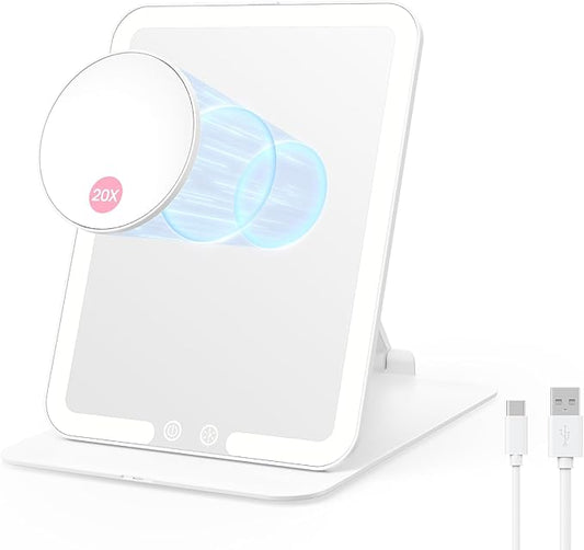 Benbilry Foldable Travel Makeup Mirror with Lights and 20X Magnification, Rechargeable Tabletop LED Vanity Mirror with Adjustable Stand, 3-Colored Dimmable Lighting, Portable Cosmetic Mirror, White