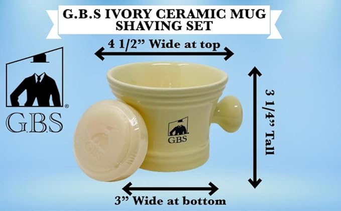 G.B.S Heavy Duty Ceramic Shaving Set – Ivory Mug with Knob Handle, Faux Ivory Handle Brush, 3 oz Natural Long-Lasting Lather Soap – Classic Wet Shaving Kit for Men