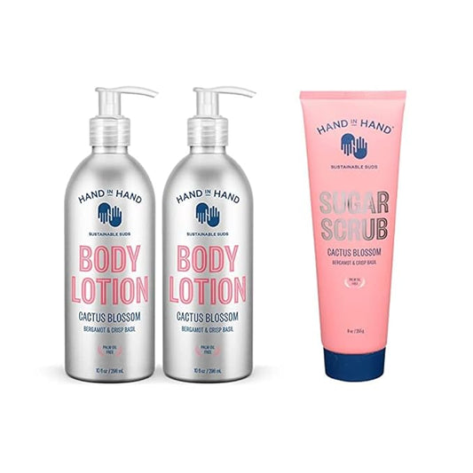 Hand in Hand Moisturizing Bundle, Body Lotion 10 FL Oz. (2 Pack), with Sugar Scrub 9 Oz. (Single), Cactus Blossom Scent