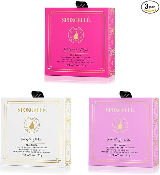 Spongelle Wild Flower Buffer Body Scrubber Bundle with Box | Bath & Shower Loofah for Women | Exfoliator with Body Wash Infused | 14+ uses (Bulgarian Rose, French Lavender, Freesia Pear)