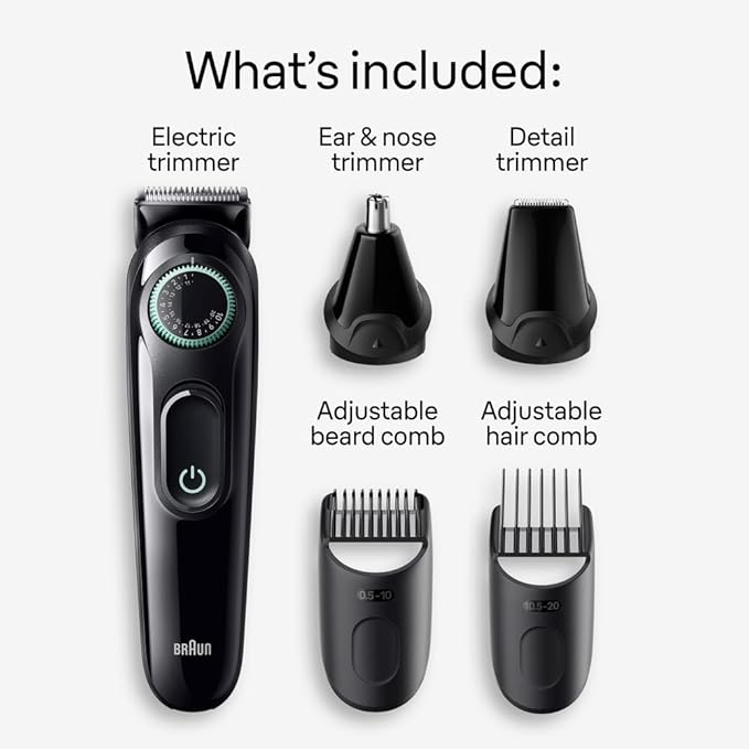 Braun All-In-One Style Kit Series 3 3450, 5-in-1 Trimmer for Men with Beard Trimmer, Ear & Nose Trimmer, Hair Clippers & More, Ultra-Sharp Blade, 40 Length Settings and Washable