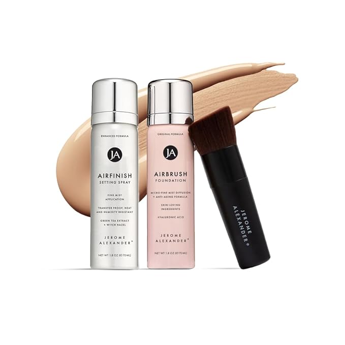 MagicMinerals AirBrush Foundation Set by Jerome Alexander – 3pc Set Includes AirFinish, Foundation and Kabuki Brush - Spray Makeup with Anti-aging Ingredients for Smooth Radiant Skin (Medium)