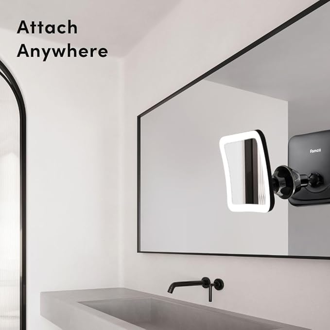 Fancii Rechargeable 10x Magnifying Mirror with 3 LED Light Settings, Dimmable Touch Light, Cordless, Locking Suction Mount, Lighted Mirror for Bathroom or Travel, Mira 2 (Black)