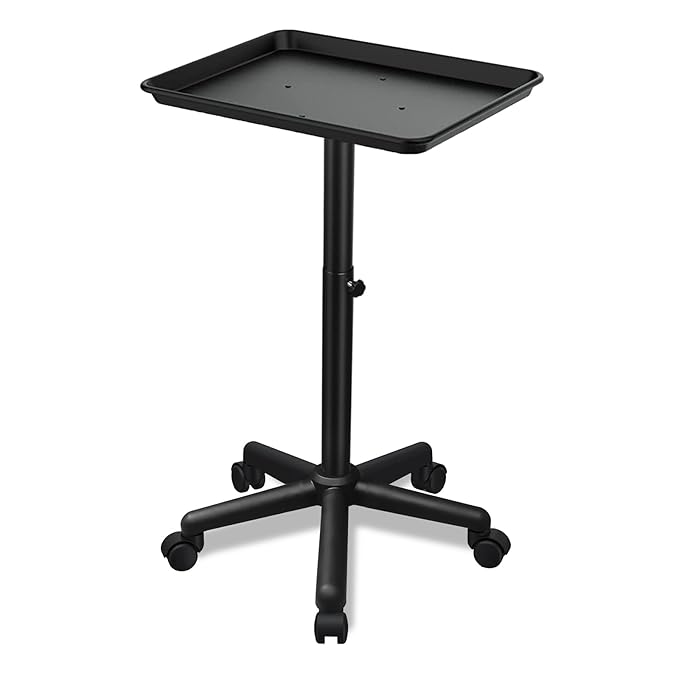 Salon Tray on Wheels, Black Salon Tray Cart with Adjustable Height, Tattoo Rolling Tray, Metal Service Instrument Storage Tray for Salon&Home Use