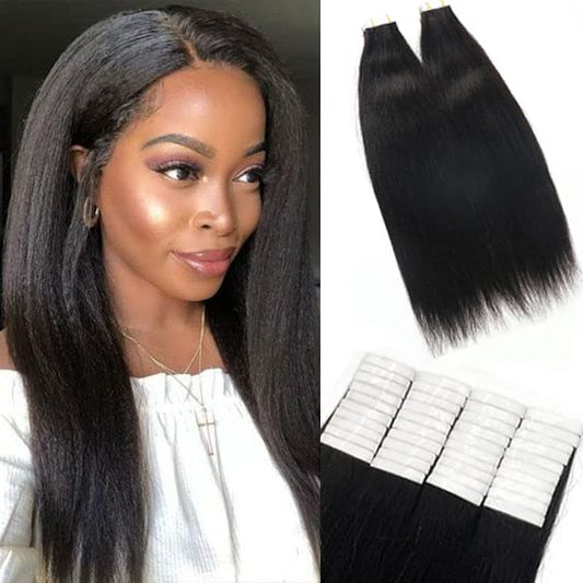 100G Tape in Hair Extensions Yaki Straight Tape in Human Hair Extensions 4C for Black Women 40Pcs Double Sided Seamless Skin Weft Tape on Hair Pieces InvisibleTape ins 18 Inch for Short Hair