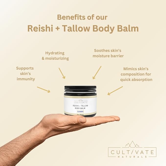 Reishi Tallow Body Balm - Classic Citrus (2 oz) | Grass Fed Beef Tallow - Non-toxic, Paleo Friendly Skincare | Infused with Reishi Spore Extract | Moisturizing & Hydrating for All Skin Types