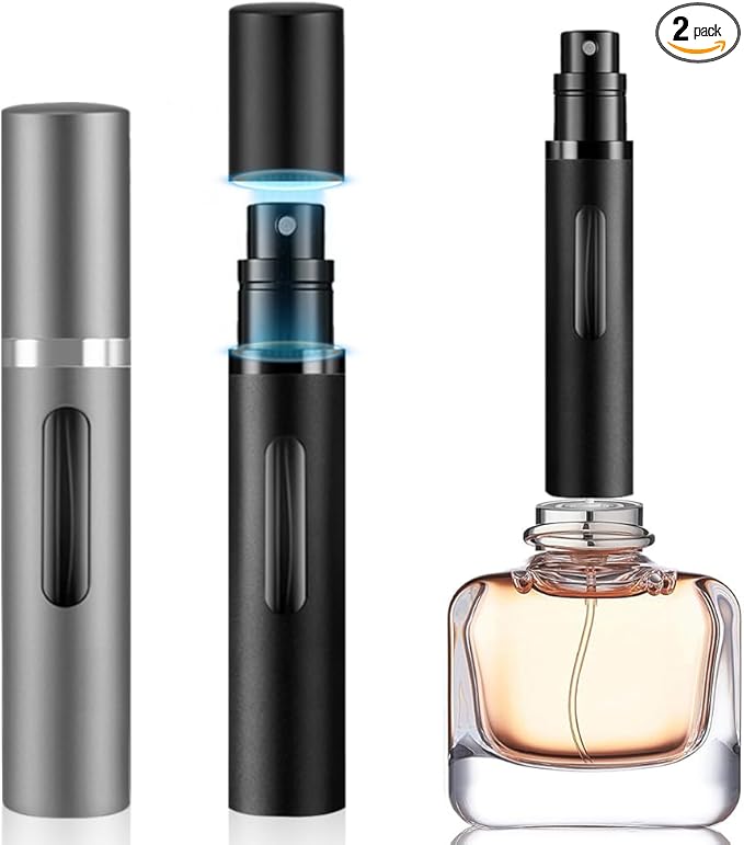 8ml Perfume Atomizer Travel Refillable,Mini Cologne Dispenser, Bottom-Filling Fragrances Perfumes Bottle,Portable Sprayer Pocket Size for Women Men Cruise Car Trip Gift 2pcs (Black-Grey)