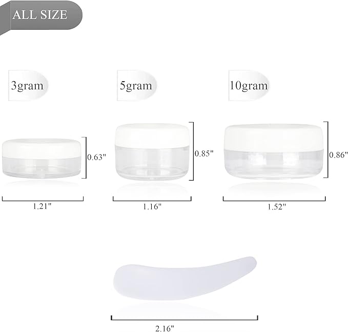 50PCS 3 Gram Sample Containers, 3ml Empty Jars with Lids, Small Cosmetic Containers, Mini Sample Jars with 4PCS Mini Spatulas for Make Up, Oils, Lotion, Powder, Paint, Jewelry, Lip Balms(White Lid)