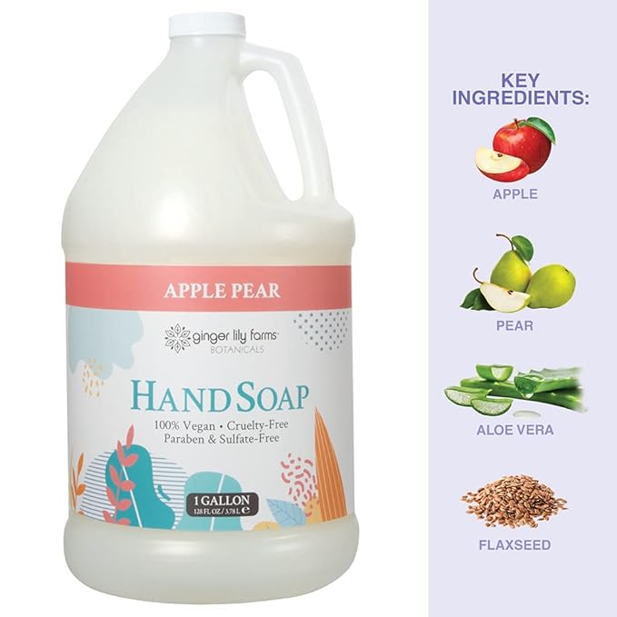 Ginger Lily Farms Botanicals All-Purpose Liquid Hand Soap Refill, 100% Vegan & Cruelty-Free, Apple Pear Scent, 1 Gallon (128 fl. oz.)