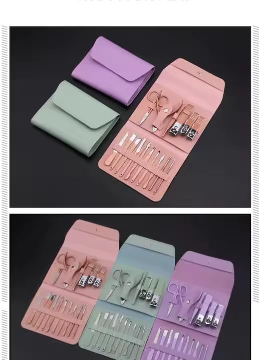 16-Piece Manicure and Pedicure Set with Leather Case, Nail Care Tools Kit, Green/Purple/Pink (Pinck)