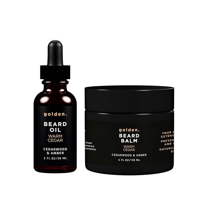Golden Grooming Beard Oil & Balm Bundle for Men | Natural Growth Kit with Shea Butter | 4oz Balm & 2oz Oil | Warm Cedar