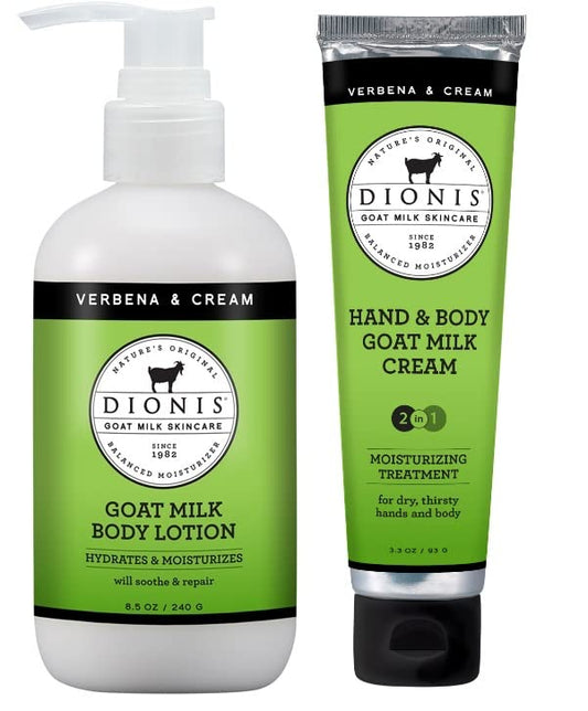 Dionis Goat Milk Skincare Verbena & Cream Scented Lotion (8.5 oz) and Hand & Body Cream (3.3 oz) Bundle