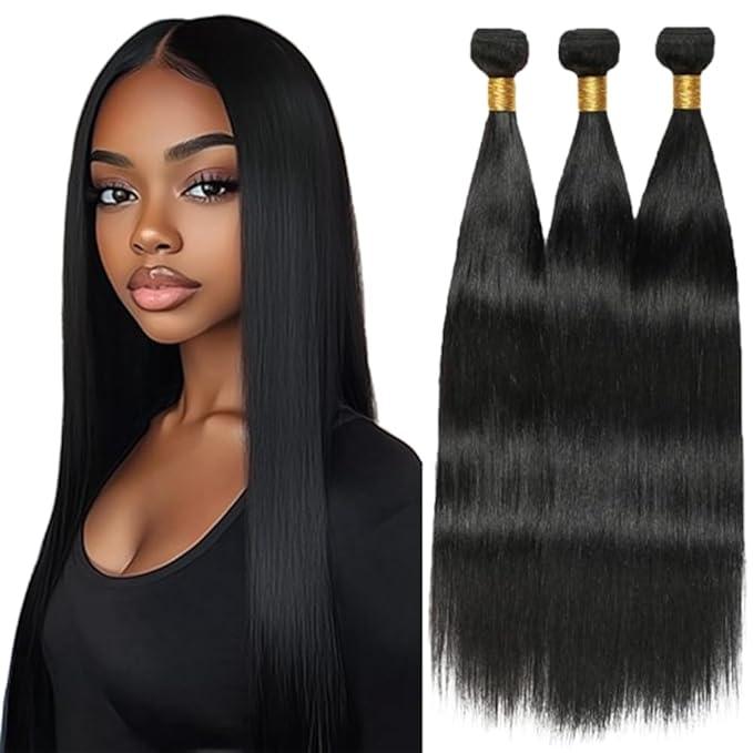 Black Human Hair Weave Straight Hair Bundles Brazilian 18 20 22 Inch Color #1B Straight Bundles Hair Extensions Soft and Silky for Women
