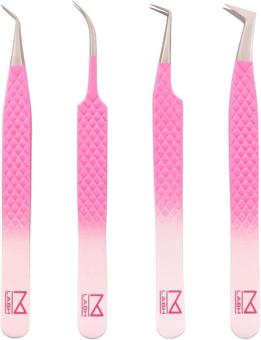 M LASH Tweezers for Eyelash Extensions (Set of 4) - Professional Lash Extension Tweezers - Fiber Tip, Japanese Steel, Diamond Grip Eyelash Extension Tweezer (Ombre)