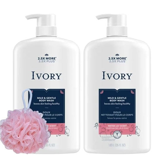 Ivory Body Wash - Ivory Clean Body Wash Pump Original with body pump. Ivory soap pamper yourself with this moisturizing body wash pump with 35 Fl. Oz. each with shower loofah (Pack of 2). (Water Lily)