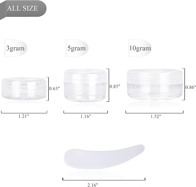50PCS 3 Gram Sample Containers, 3ml Empty Jars with Lids, Small Cosmetic Containers, Mini Sample Jars with 4PCS Mini Spatulas for Make Up, Oils, Lotion, Powder, Paint, Jewelry, Lip Balms(Clear Lid)