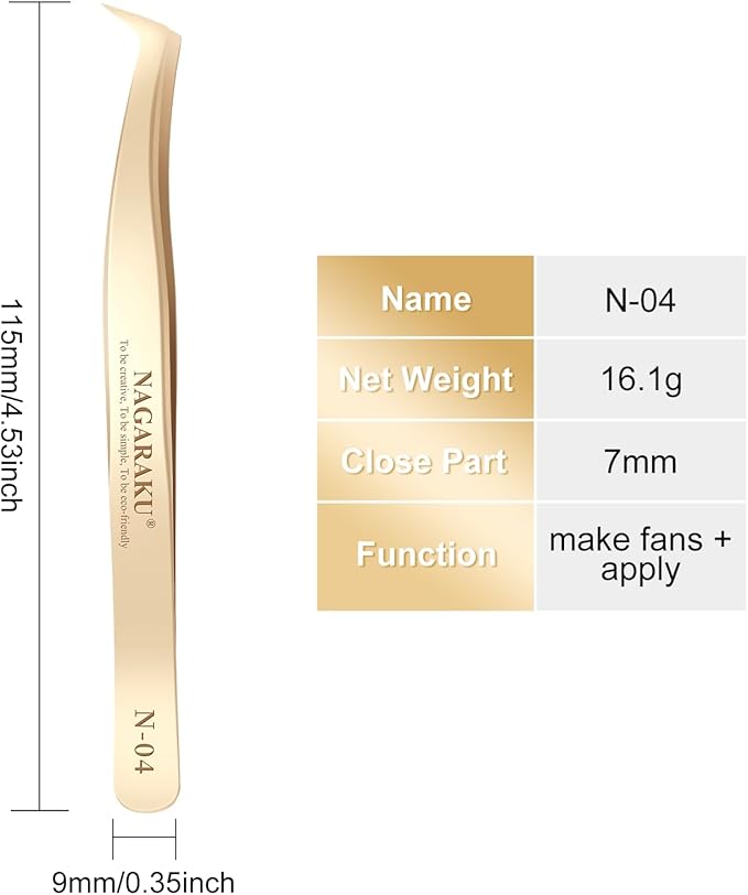 NAGARAKU Tweezers for Eyelash Extensions Gold Curved Angled Volume Cluster Eyelashes easy Fanning Premade Fans Tweezers Stainless Steel Precision Light （N-04）