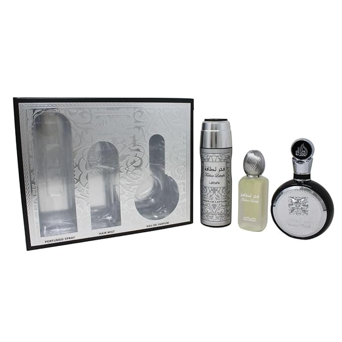 Lattafa Fakhar for Men 3 Piece Set (3.4 Oz Eau de Parfum Spray + 1.7 Oz Hair Mist + 6.7 Oz Deodorant Spray)