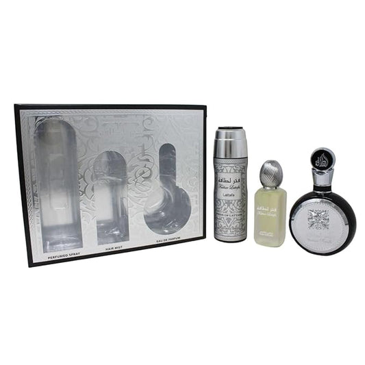 Lattafa Fakhar for Men 3 Piece Set (3.4 Oz Eau de Parfum Spray + 1.7 Oz Hair Mist + 6.7 Oz Deodorant Spray)