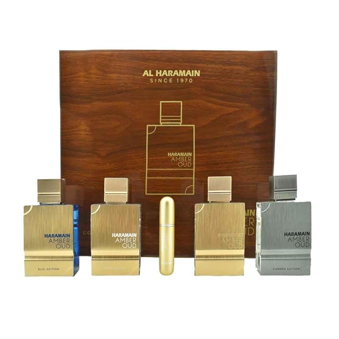 Al Haramain Amber Oud Collection - Gold, Blue, White, Carbon - 4 x 60ml (2.0 oz) EDP Spray - Luxury Unisex Cologne & Perfume Gift Set for Men & Women - Long-Lasting Arabian Fragrance (Bundle)